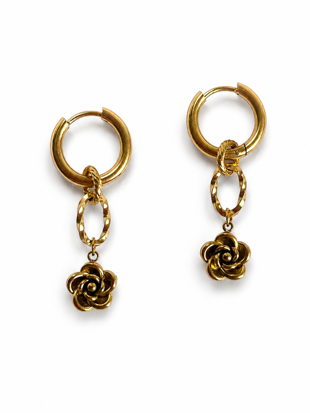 Handmade statement oorbellen met chain en roosje