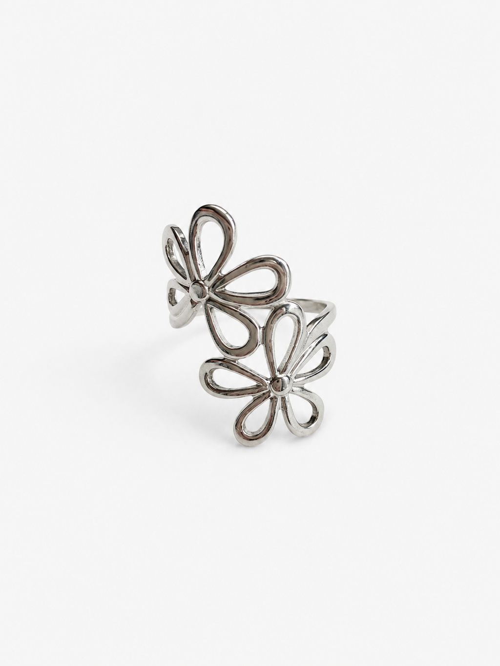 Dubbele holle bloemen ring rvs zilverkleurig