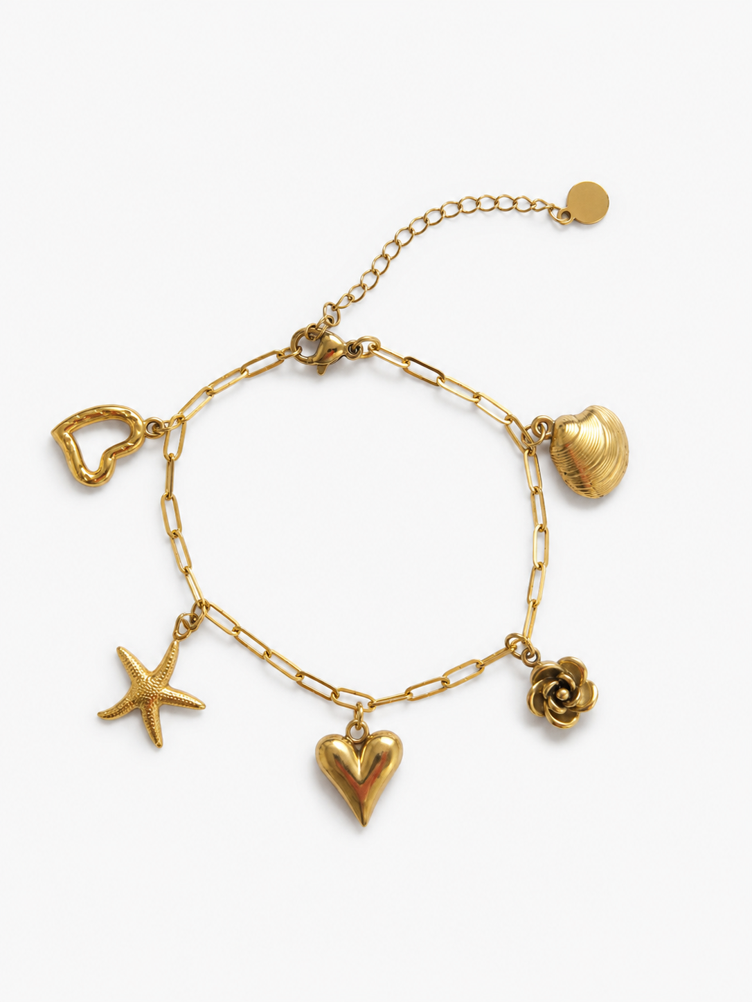 Handgemaakte RVS Bedelarmband met Gouden Schelp, Hart en Zeester