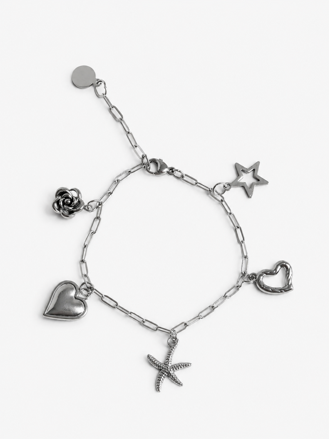 Zilveren rvs bedel armband met hart, zeester, bloem en ster