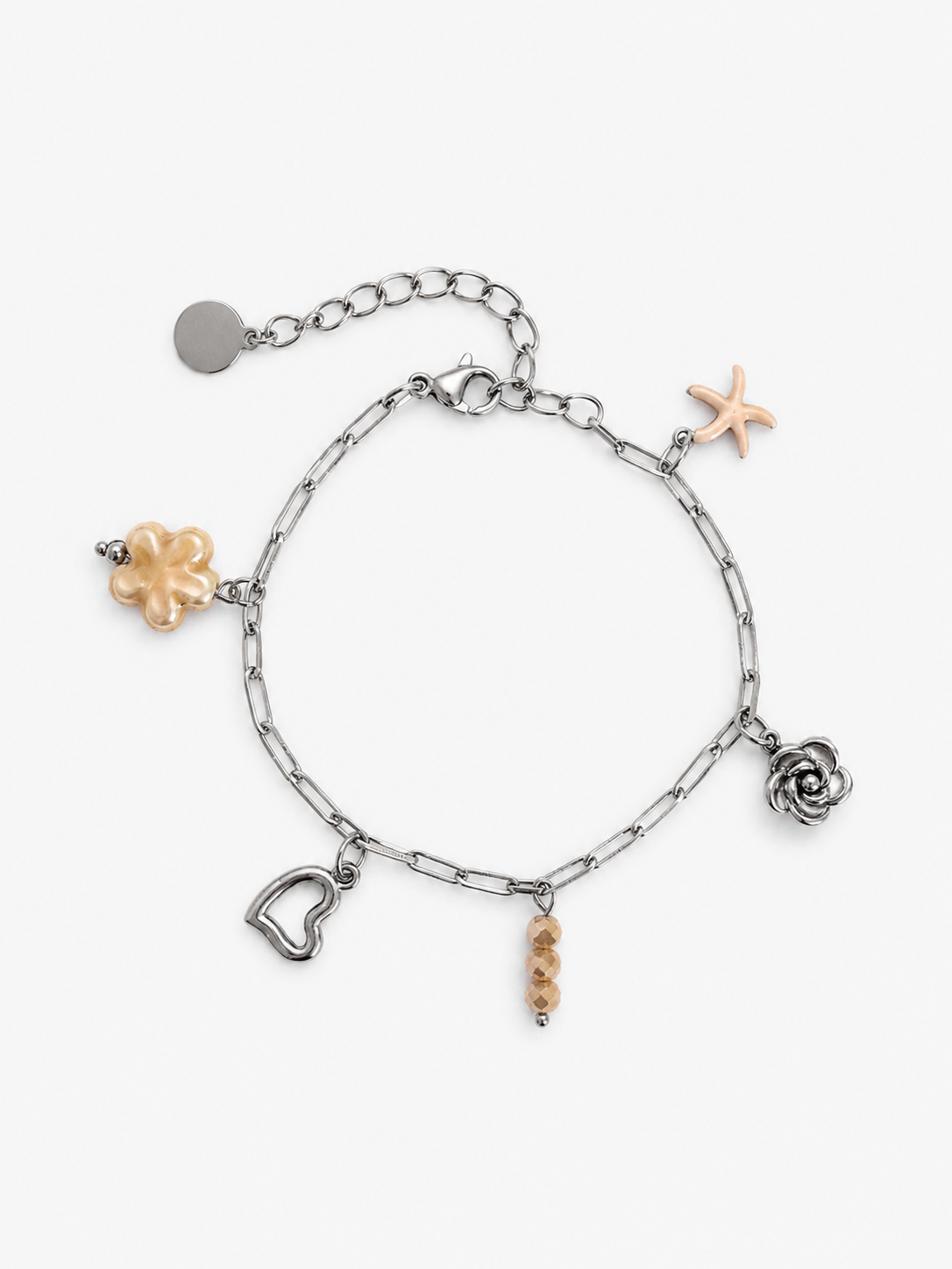Zilveren rvs bedel armband met hol hart, bloem en beige bedels