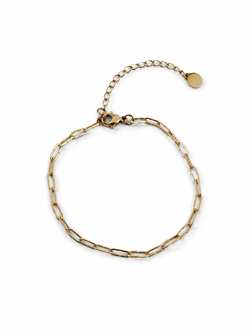 Bedelarmband samenstellen – RVS basisarmband met paperclip schakels in goud, verstelbaar met verlengketting. Ook verkrijgbaar in zilver