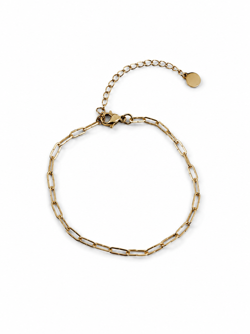Bedelarmband samenstellen – RVS basisarmband met paperclip schakels in goud, verstelbaar met verlengketting. Ook verkrijgbaar in zilver
