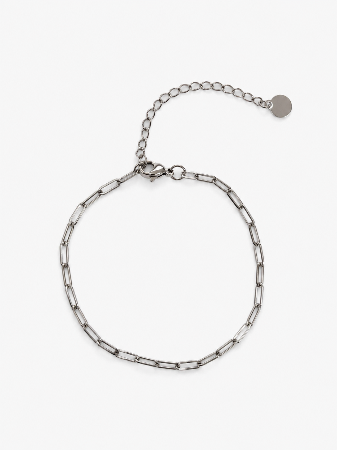Bedelarmband samenstellen – RVS basisarmband met paperclip schakels in zilver, verstelbaar met verlengketting. Ook verkrijgbaar in goud