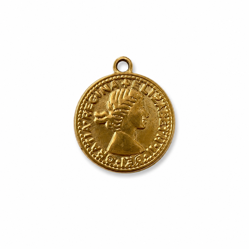 Gouden RVS munt met hoofd kant bedel voor het personaliseren van een ketting of armband.