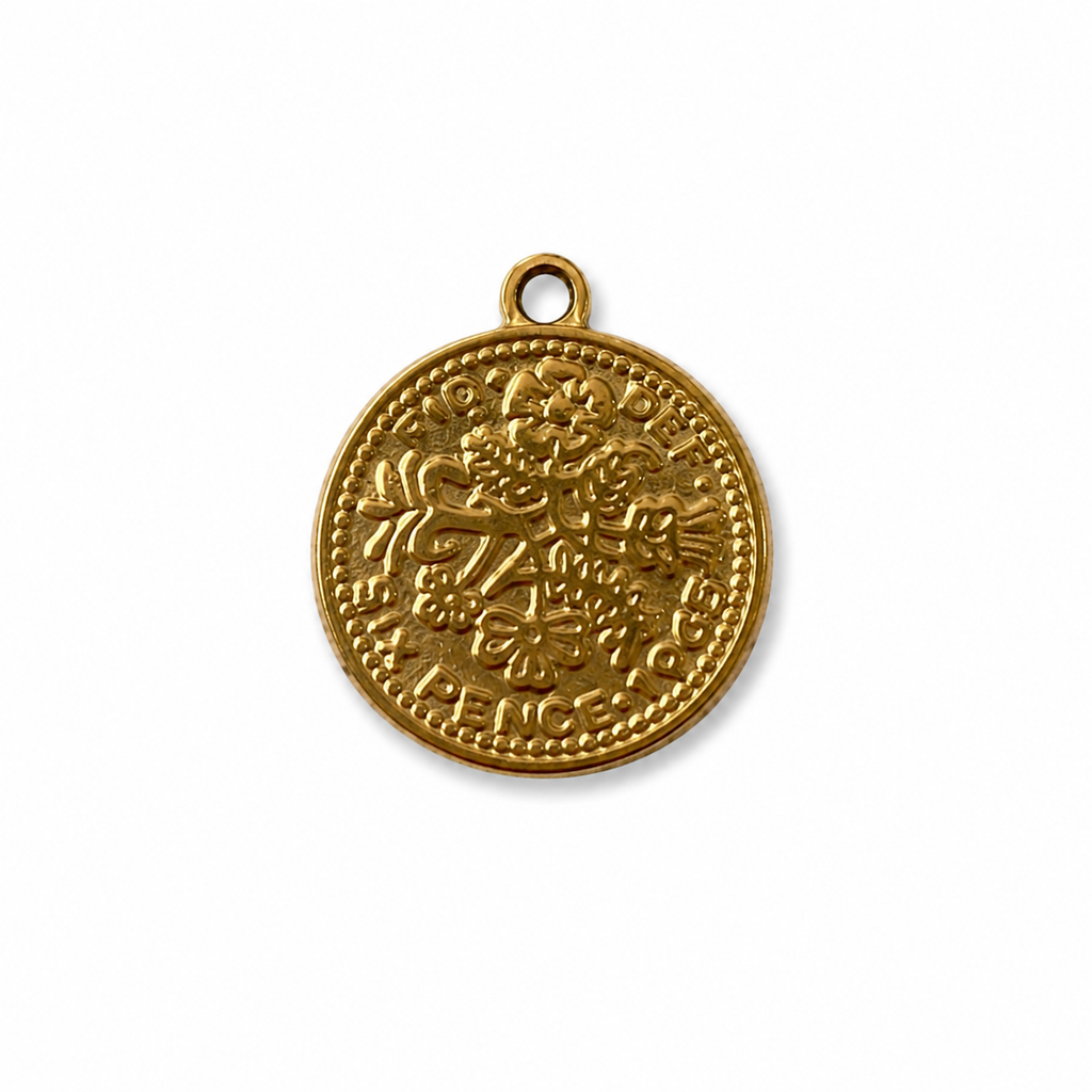 Gouden RVS munt met patroon bedel voor het personaliseren van een ketting of armband.