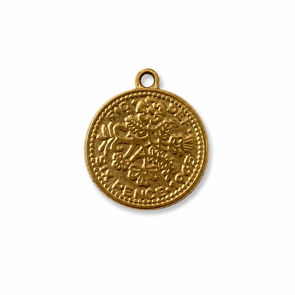 Gouden RVS munt met patroon bedel voor het personaliseren van een ketting of armband.