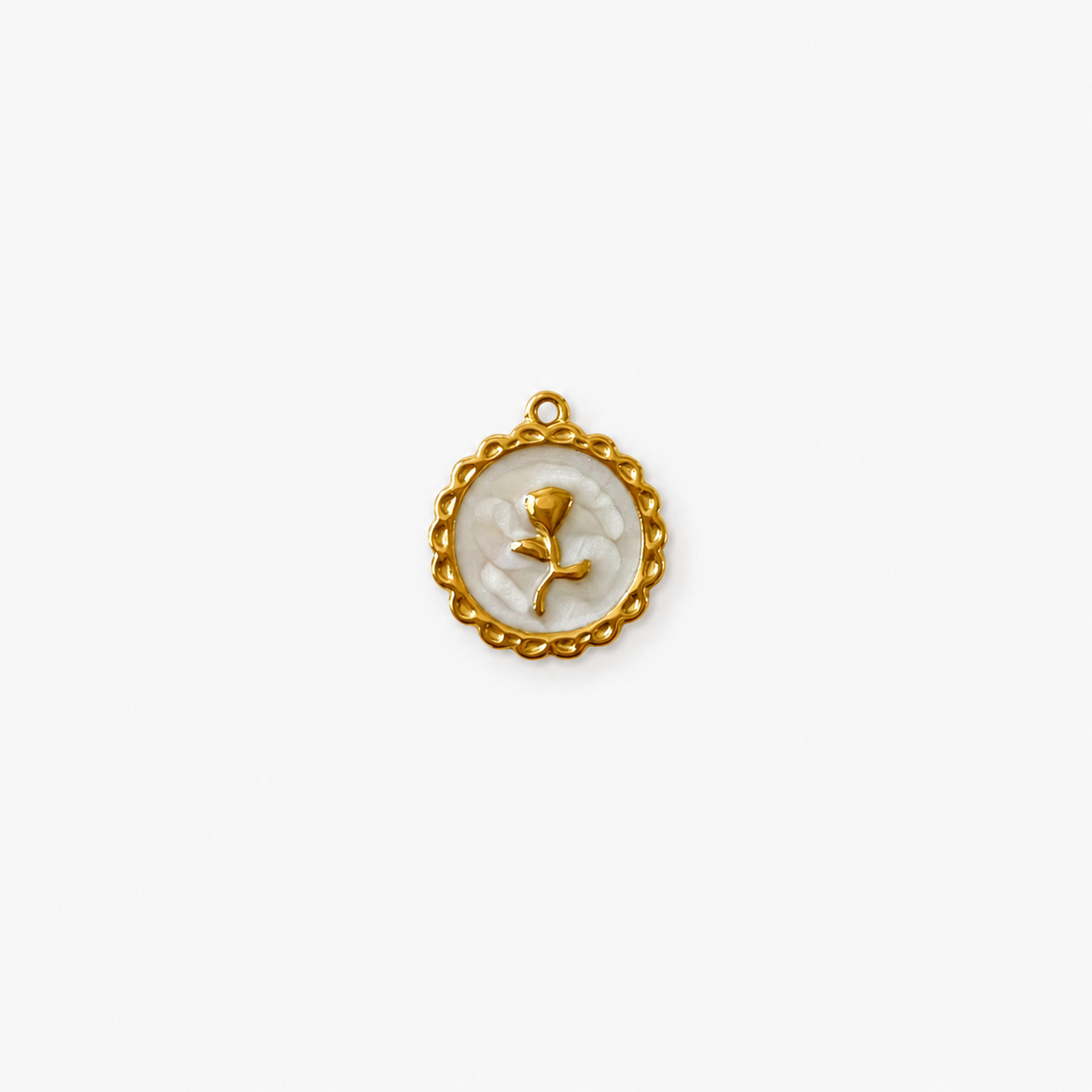 Gouden RVS witte bloem munt bedel voor het personaliseren van een ketting of armband.